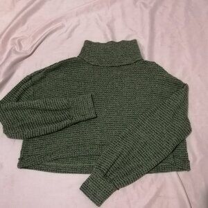 Free People Cropped Turtleneck, Waffle Knit with Puff Sleeves and Thumb Holes